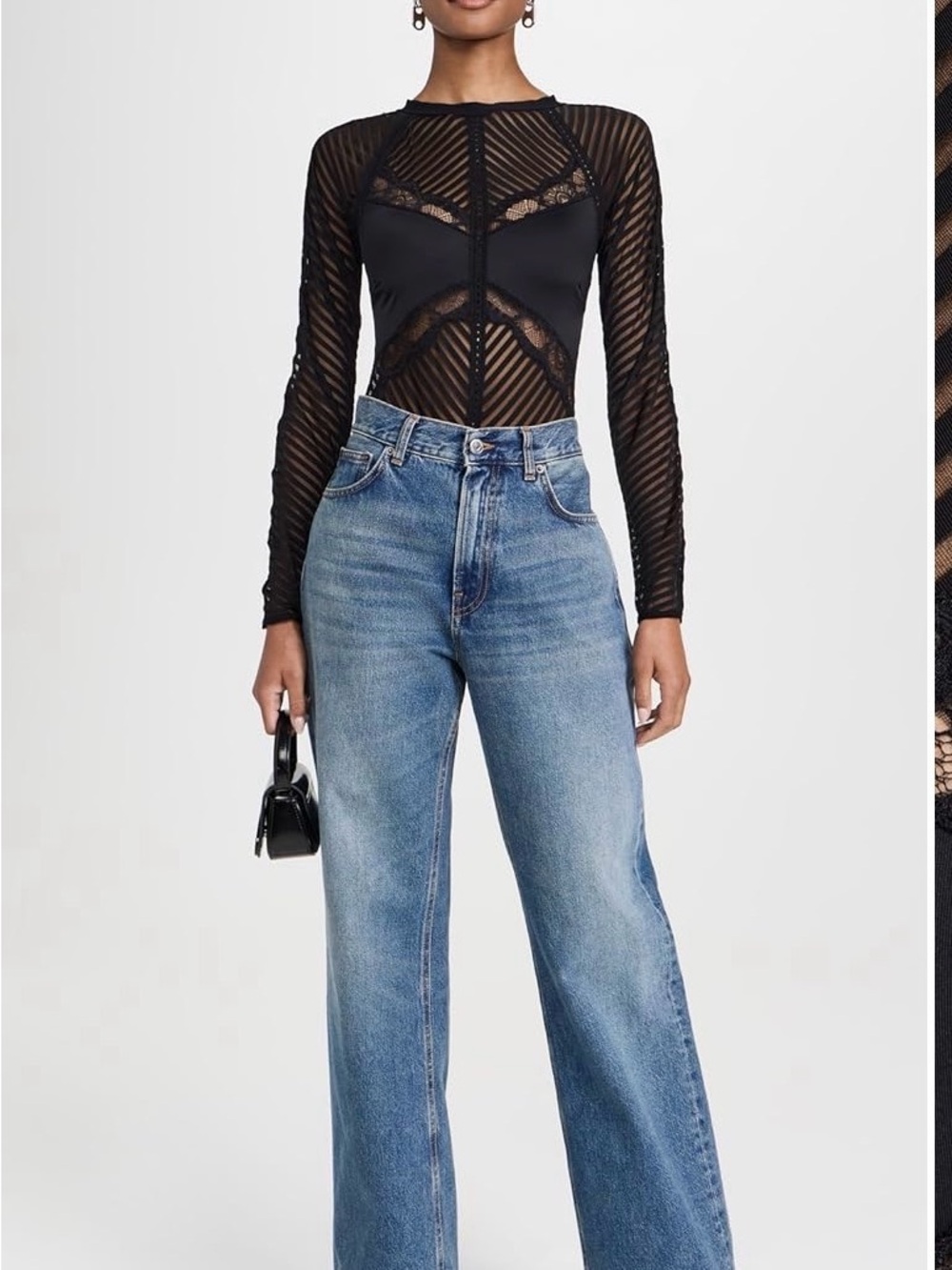 Thistle and Spire Chelsea Bodysuit Black Sheer Lace-Panel Long Sleeve Bodysuit